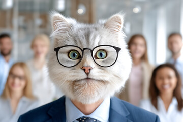 Cat face wearing glasses blends humor with professional setting in bright office environment. Colleagues appear casually in the background. Concept of creative business, marketing, humor