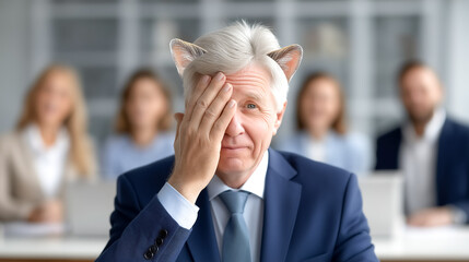 Man in formal attire humorously covering his face with expressive gesture in a modern office environment. Subtle details of playful cat ears highlighted. Concept of humor, workplace culture, branding