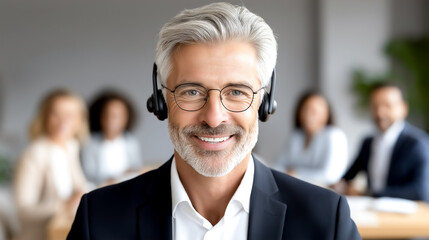 Mature businessman wearing headset smiles while participating in conference call with colleagues in background. Modern office environment, bright and welcoming atmosphere