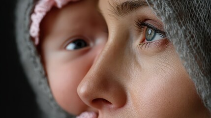 Tender moment shared between mother and newborn girl in close-up, showcasing love and connection