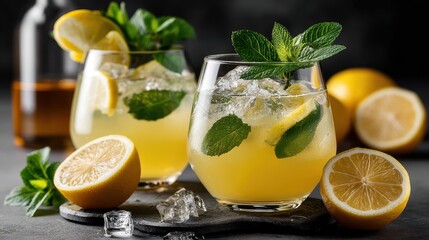 Refreshing lemon juice cocktail with mint leaves and lemon slices served on a dark gray background for a vibrant drink experience