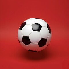 Naklejka premium A classic black and white soccer ball rests on a vibrant red background, highlighting the simplicity and universality of the beautiful game, ready for play