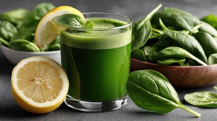 Refreshing spinach juice served with a lemon slice and spinach leaf on a white table against a gray background