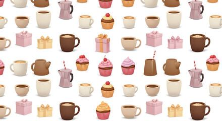 Delightful pattern of coffee mugs, cupcakes, gifts and coffee pots provides a background design, perfect for cafe themed websites or branding, offering sweetness and warmth.