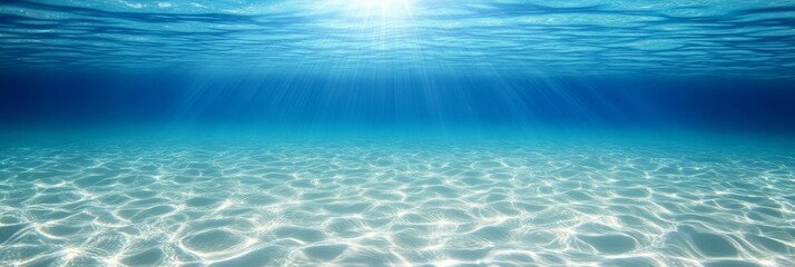 Obraz premium Stunning Marine Blue Underwater Seascape Panorama with White Sand and Sun Beams for Relaxation
