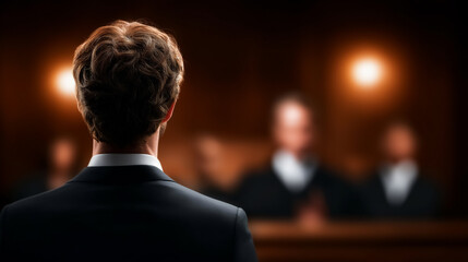 Man in formal attire faces judges during court hearing. The setting features a warm wooden backdrop and soft lighting. Concept of law, justice, legal representation