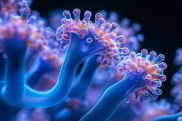 Generative AI illustration of microscopic bacterial forms showcasing vivid molecular structures and glowing effects