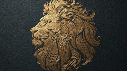 Regal golden lion head profile with intricate mane detail on textured dark background