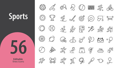 Sports Line Icons, Football, Basketball, Tennis Racket, Medal, Whistle, Editable Formats: AI, EPS, PNG, Ideal for Both UI and Print Media Use
