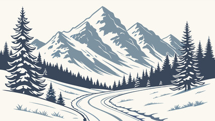 Fototapeta premium A serene winter landscape featuring snow-covered mountains, trees, and a winding path.