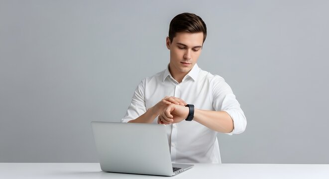 A man in a white shirt checking the time on his smartwatch in a studio setting with a laptop computer on a table. The background is plain gray.
