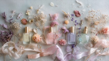 flatlay of pastel cosmetics bottles with ribbon and dried flowers.