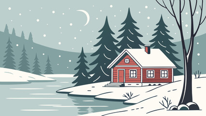 Fototapeta premium A cozy cabin in a snowy winter landscape with a lake, trees, and a crescent moon.