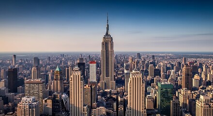 Fototapeta premium Cityscape Aerial View with Skyscrapers Under Clear Blue Sky