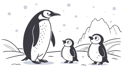 An illustration of a large adult penguin standing with two small baby penguins in a snowy Antarctic landscape with mountains and falling snow.