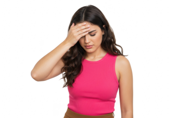 A young woman with dark curly hair holds her forehead in pain, isolated on a transparent background