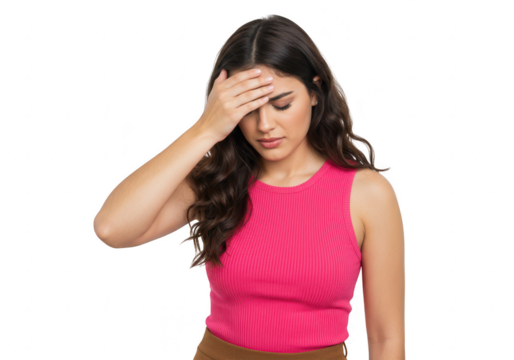 A young woman with dark curly hair holds her forehead in pain, isolated on a transparent background