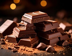 Dark chocolate chunks with cocoa powder &ndash; gourmet sweet treat close-up with warm bokeh