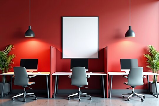 Modern office workspace with computer desks, ergonomic chairs, and partition panels against red wall and blank frame - Powered by Adobe