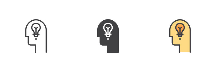 Idea head icon set in line, solid and filled outline style