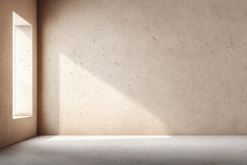 Warm beige room corner with subtle terrazzo texture, sunlight streaming through window, minimalist interior, serene and calm atmosphere, empty modern space