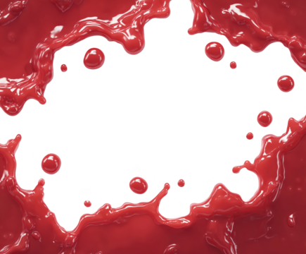A highly detailed and dynamic illustration of a vibrant red splash of liquid, captured mid-motion. The liquid forms an intricate burst, with droplets flying outward from the central splash.