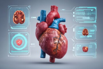 Hyper-realistic depiction of human heart integrated with advanced technology showcasing internal organs and medical diagnostics highlighted through digital interfaces emphasizing innovation in