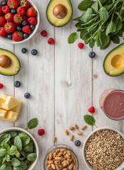 Top view of fresh ingredients for a healthy breakfast or smoothie. Avocado, spinach, berries, and smoothie on a rustic table. Wellness lifestyle and meal prep concept.