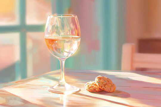 Glass of white wine half full with two cookies beside on sunlit wooden table, soft pastel colors, cozy and relaxed atmosphere, afternoon light, inviting and peaceful mood