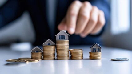Professional financial planner discusses strategies for real estate investment with wealth icons in office setting