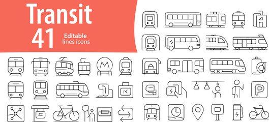 Transit Line Icons, Bus, Train, Subway, Tram, Ticket, Editable Formats: AI, EPS, PNG, Ideal for Both UI and Print Media Use
