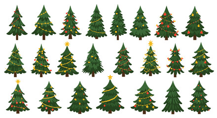 Fototapeta premium Diverse christmas trees with festive ornaments and garlands on white background