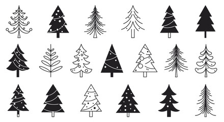 Diverse black and white christmas tree icons for festive designs