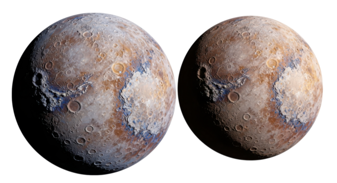 Captivating rendition of Ceres showcasing its cratered surface and distinct coloration against the black void, transparent background