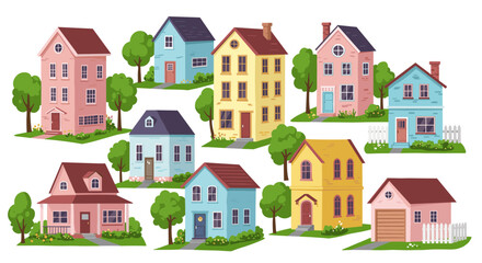 Naklejka premium Charming suburban homes set amidst lush green trees in flat style