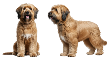 Two beautiful Catalonian Sheepdogs, one sitting and one standing, showcase their distinctive coat and charming demeanor on a black backdrop, transparent background