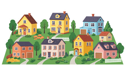 Naklejka premium Charming suburban neighborhood scene with colorful houses and lush gardens