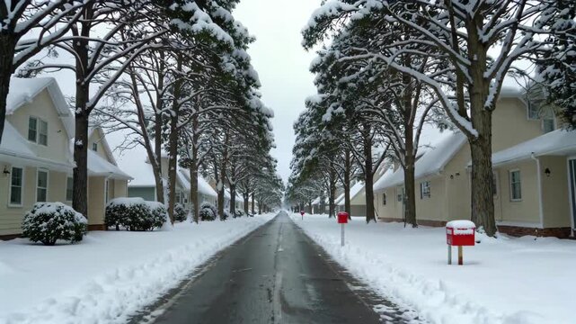 snowy street with a red mailbox on the side of the road