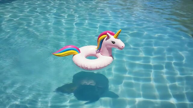 Colorful unicorn float in clear swimming pool water