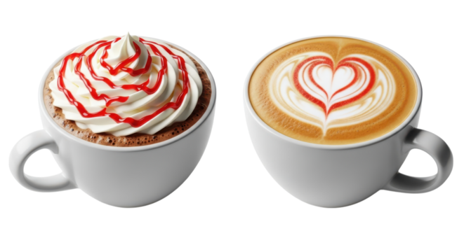 Aromatic hot chocolate topped with luscious cream and latte art coffee in a white cup presented on a black backdrop, transparent background