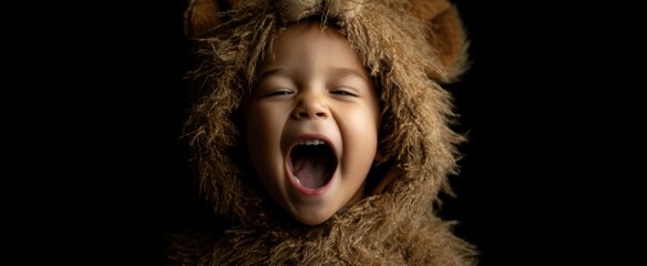 The playful child in a fluffy lion costume expressing pure joy.