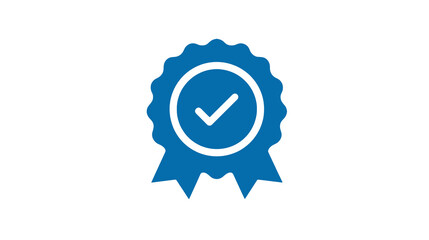 Blue verified badge icon displays guarantee of quality assurance with a check mark for trust and reliability in a seal, transparent background