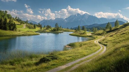The serene lake reflecting majestic mountains under a bright blue sky.
