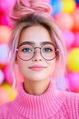Stylish young girl with pink hair and glasses enjoying a vibrant outdoor environment in trendy street fashion