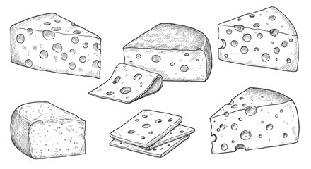 Vintage cheese collection: hand drawn sketches of various cheeses