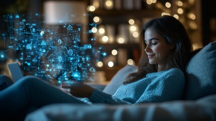 Relaxing woman interacts with glowing digital interface on her laptop in a cozy apartment setting