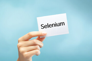 Fototapeta premium Close-up of female hand holding white sign with text 'Selenium' on light blue.