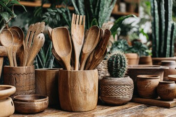 Wooden cooking utensils in a rustic display
