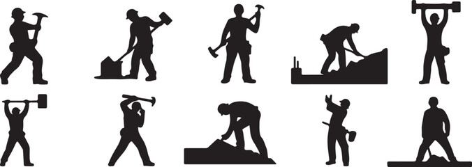 Workers construction tools digging lifting hammering building silhouette, vector, isolated on white background, cutout, png, clipping path, transparent, image, download, 2025,2026 download