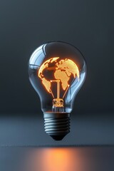 Futuristic light bulb with glowing world map symbolizes global innovation and digital energy connections